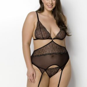 Корсет із пажами Passion Amberly Corset 4XL/5XL black, асиметричний крій, мережива, стрінги