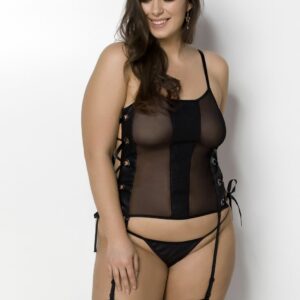 Сітчастий корсет з екошкіри Passion Malwia Corset 4XL/5XL black, з люверсами та знімними пажами