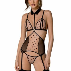 Корсет з відкритими грудьми Passion DOMINICA CORSET L/XL beige, пажі для панчіх, стрінги