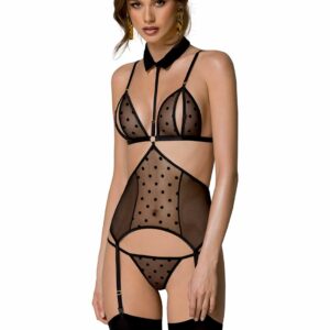 Корсет з відкритими грудьми Passion DOMINICA CORSET L/XL black, пажі для панчіх, стрінги