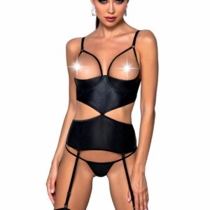 Корсет з відкритими грудьми Passion JANNIES CORSET XXL/XXXL black, стрінги в наборі